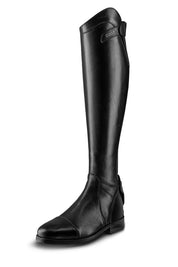 Angled side view of a black Ego 7 Aries Dress Boot on a white background