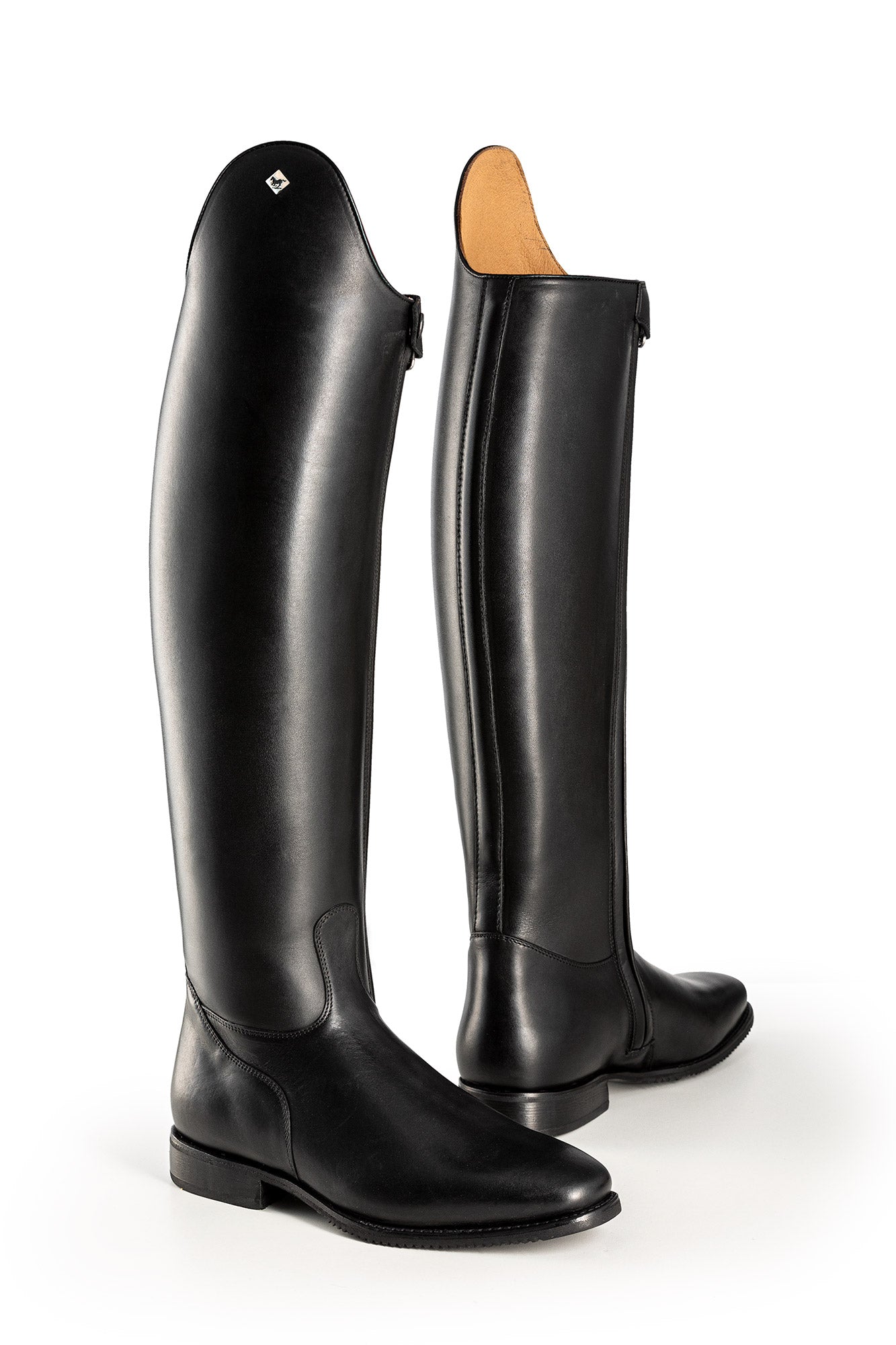Side and back views of a pair of DeNiro Raffaello Wrat Black Dressage Boot on a plain background