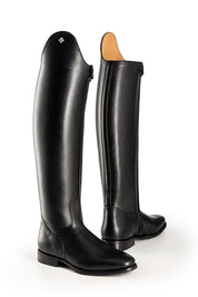 Side and back views of a pair of DeNiro Raffaello Wrat Black Dressage Boot on a plain background