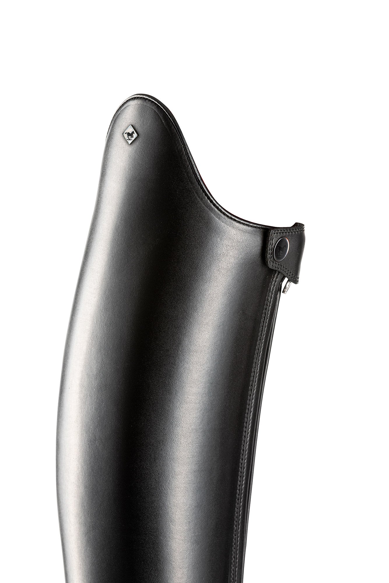 Close-up angled front view of the top of the black DeNiro Tiziano Wrat Black Dressage Boot on a plain background