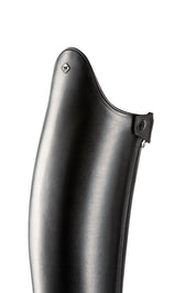 Close-up angled front view of the top of the black DeNiro Tiziano Wrat Black Dressage Boot on a plain background