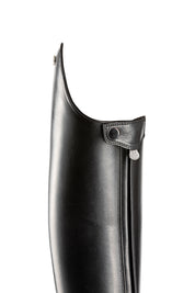 Close-up back view of the top of the DeNiro Bellini Wrat Black Dressage Boot on a plain background