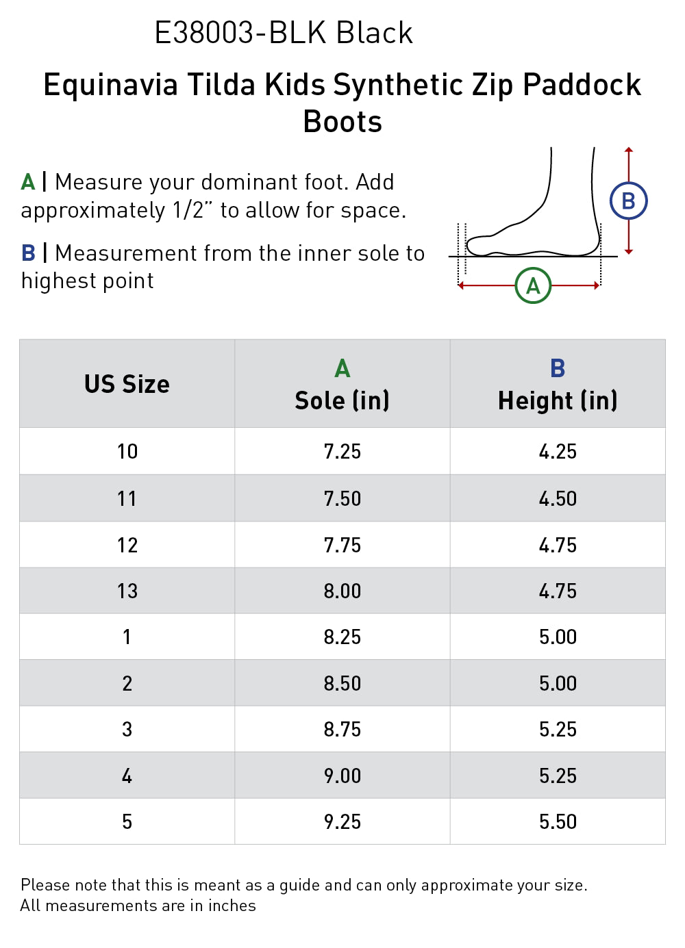 Size chart for the Equinavia Tilda Kids Synthetic Zip Paddock Boots