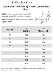 Size chart for the Equinavia Tilda Kids Synthetic Zip Paddock Boots