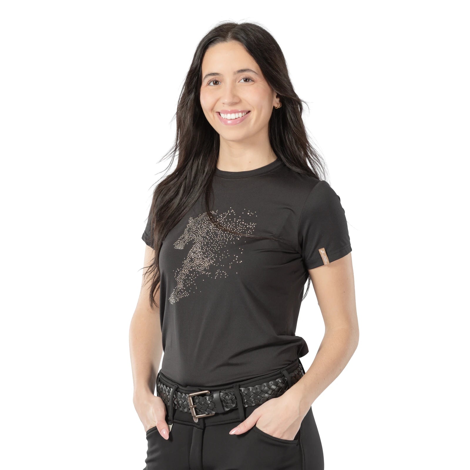View of a model wearing the black Equinavia Kari Braided Belt over black breeches with a black t-shirt on a plain background