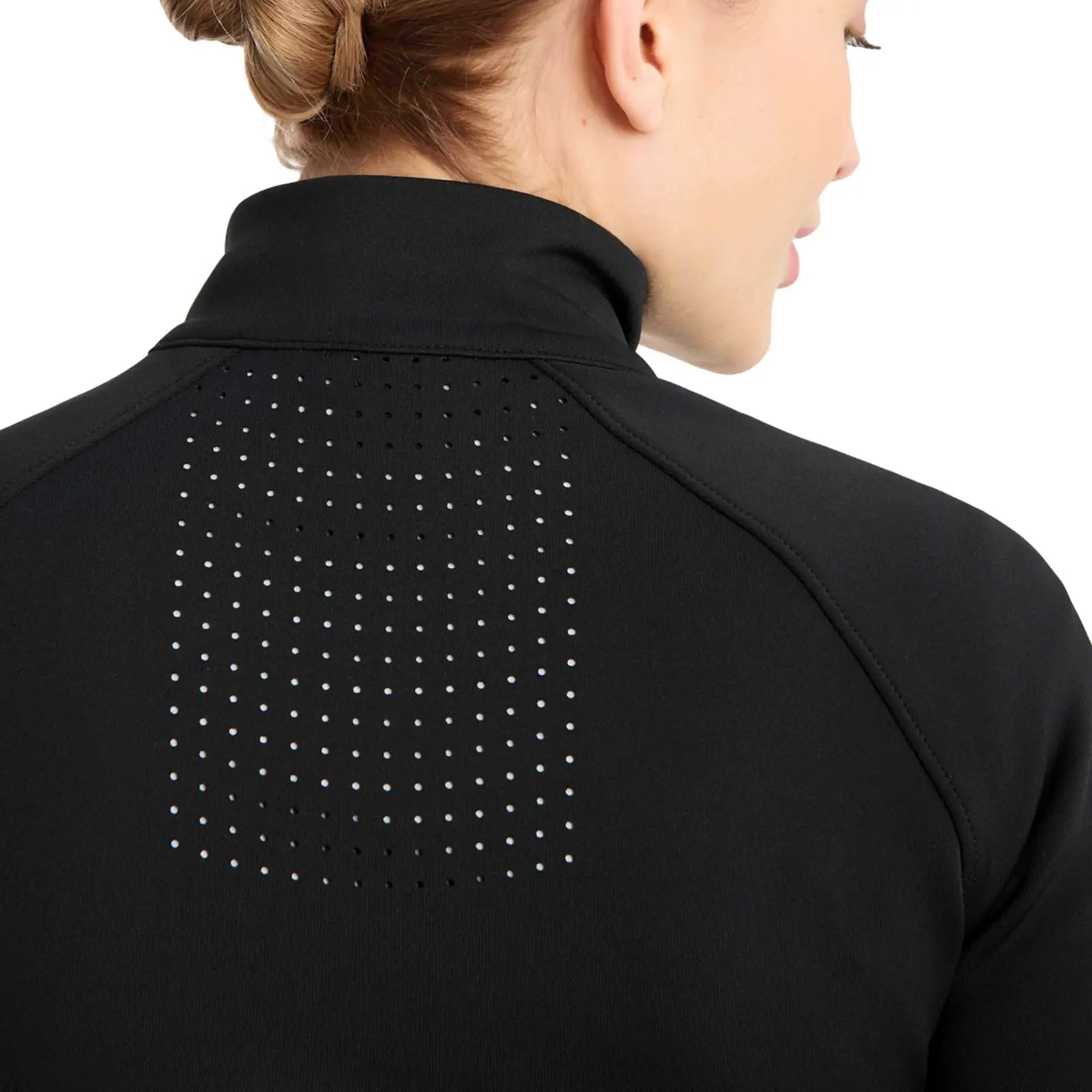 Close up back view of the perforations on the Horze Viveka Womens Perforated Training Jacket in black on a white background
