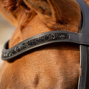 Close-up side view of the browband on the Equinavia Valkyrie Anatomic Dressage Bridle with Rubber Reins