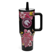 Front view of the black floral bouquet Blue Stallion Farm 40 oz Tumbler on a white background