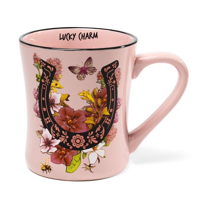 Front view of the pink Blue Stallion Farm Lucky Charm Mug on a white background