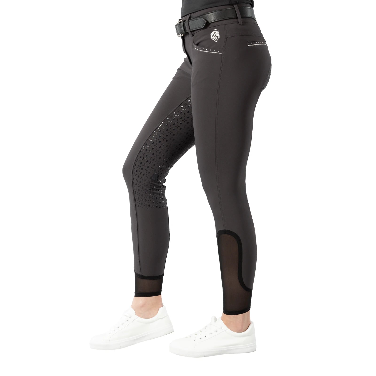 Side view of model wearing the dark gray Equinavia Victoria Full Seat Breeches on a white background