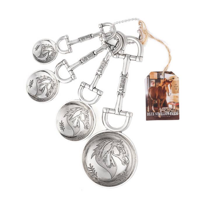 Full view of the Blue Stallion Farm Equestrian Zinc Measuring Spoons with Blue Stallion Farm tag on a white background
