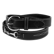 View of the black Equinavia Filippa Fancy Stitch Bit Belt on a white background