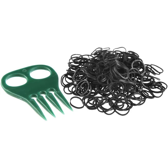 View of the Equi-Essentials Braiding Set which includes black rubber bands and a green comb
