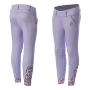 Back and front views of the purple Equinavia Lena Kids Knee Patch Pull On Breeches on a white background