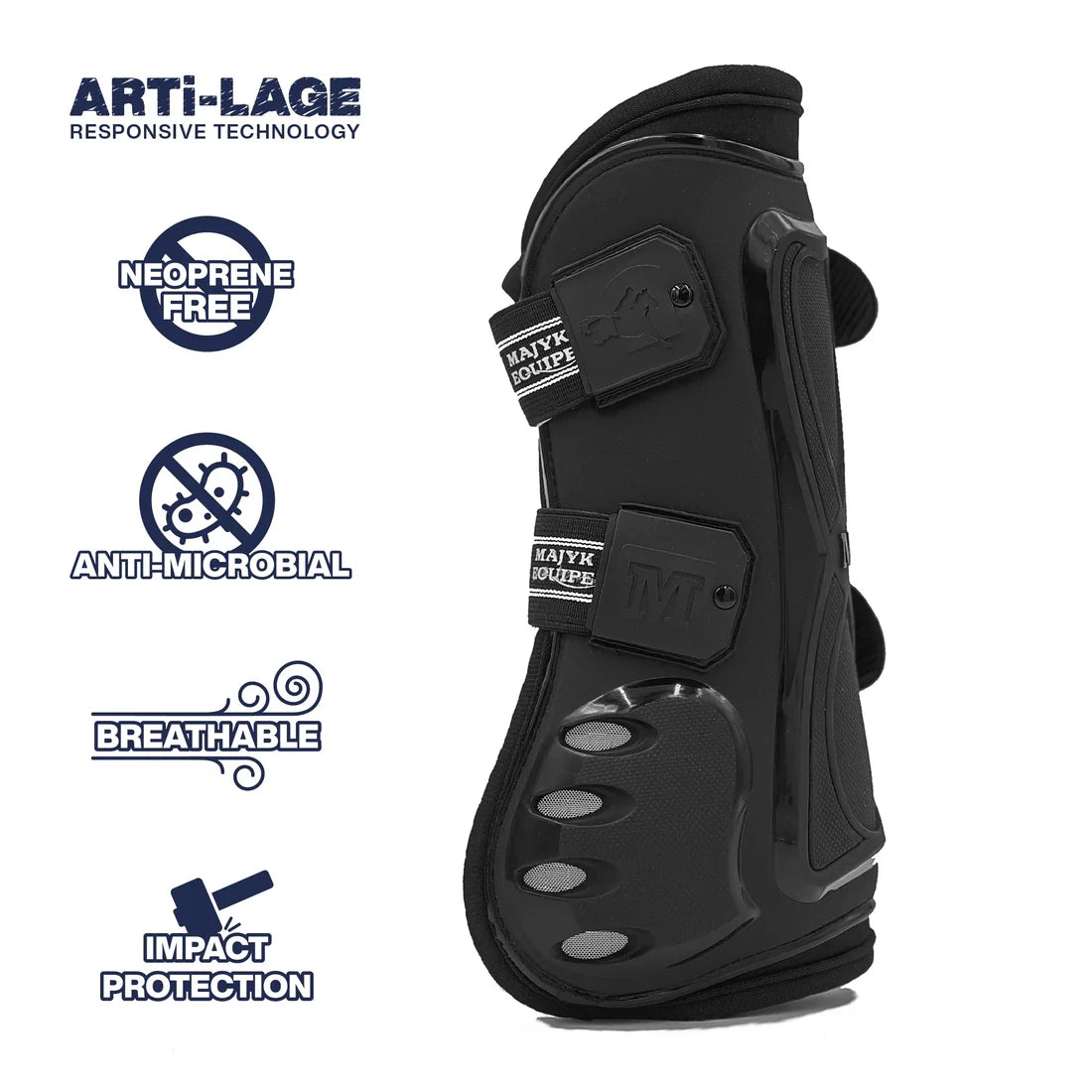 Side view of Majyk Equipe Boyd Martin Stadium Tendon Jump Boot in black with feature icons displayed