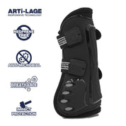 Side view of Majyk Equipe Boyd Martin Stadium Tendon Jump Boot in black with feature icons displayed