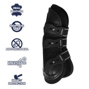 Side view of Majyk Equipe Boyd Martin leather tendon boot in black with feature icons displayed