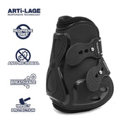 Majyk Equipe Boyd Martin Stadium Hind Jump Boot in black with dual strap closures and feature icons displayed beside the boot