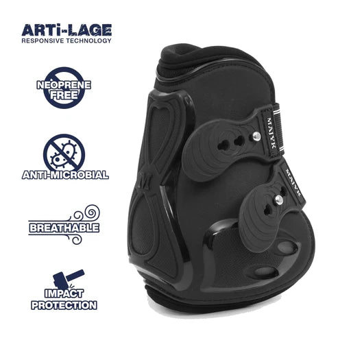Majyk Equipe Boyd Martin Stadium Hind Jump Boot in black with dual strap closures and feature icons displayed beside the boot