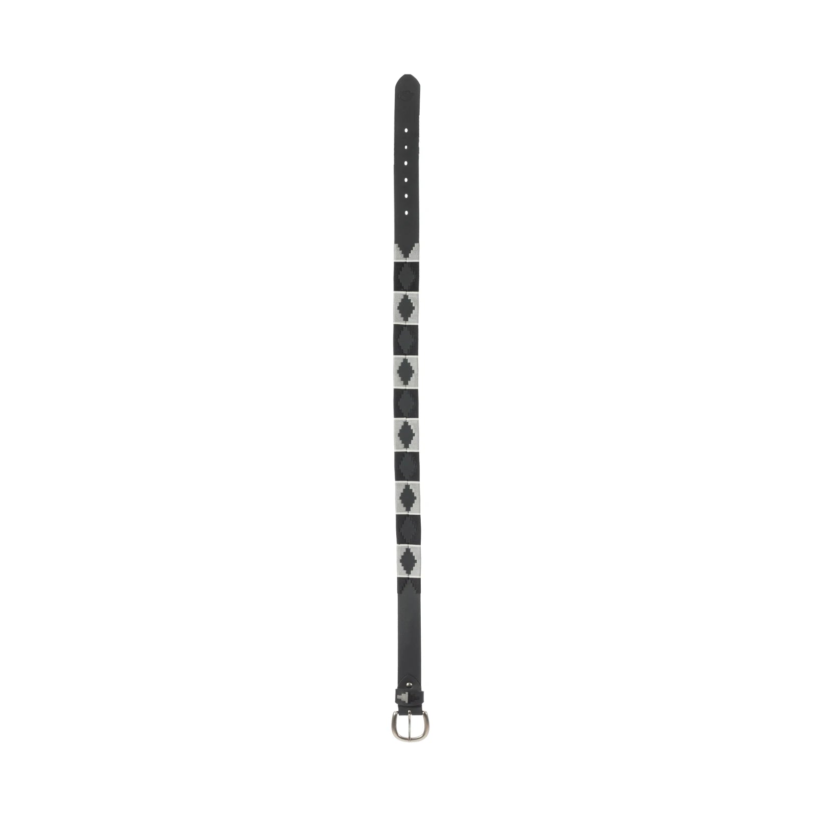 Full view of the gray and black, black-leather Equinavia Siri Polo Belt on a white background