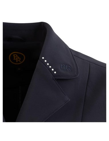 Close-up view of the collar on the navy BR Prague Competition Jacket on a white background