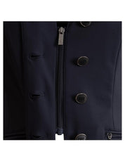 Close-up view of the zip and buttons on the navy BR Prague Competition Jacket