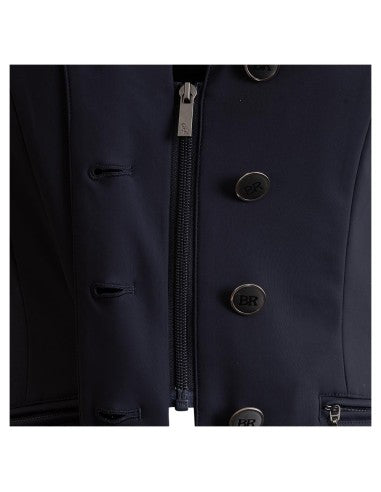 Close-up view of the zip and buttons on the navy BR Prague Competition Jacket