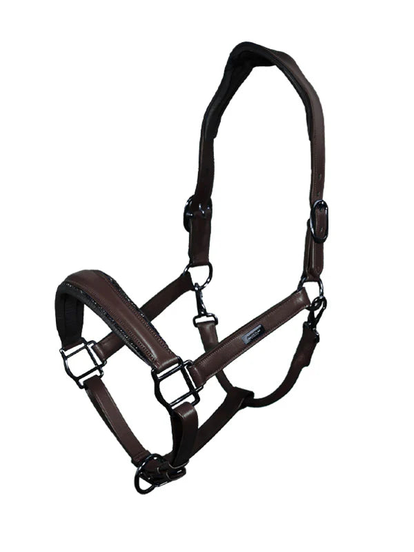 Angled front view of the brown Equestrian Stockholm Glimmer Anatomic Leather Halter on a white background