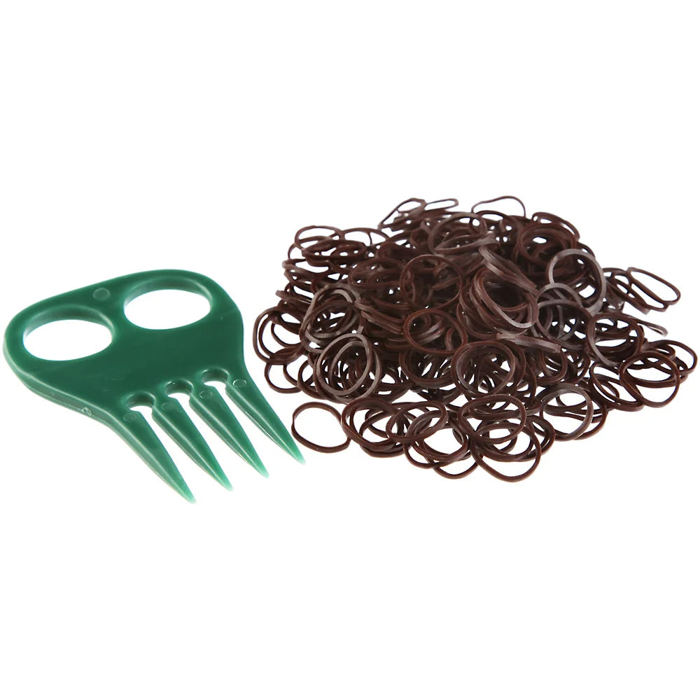 View of the Equi-Essentials Braiding Set which includes brown rubber bands and a green comb