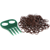 View of the Equi-Essentials Braiding Set which includes brown rubber bands and a green comb
