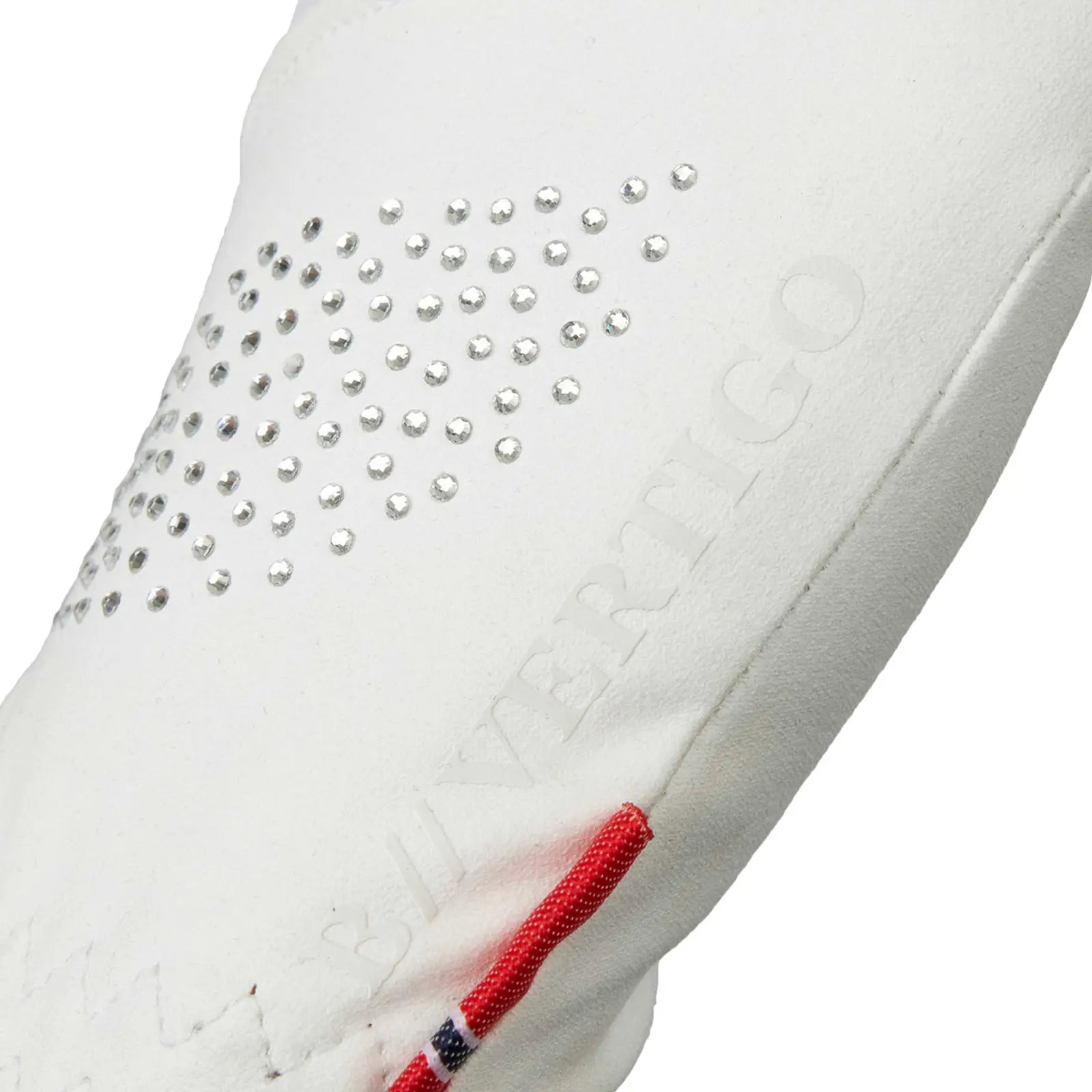 Close-up of Equinavia B Vertigo Lux Show Glove in white showing decorative crystals and the monochromatic B//Vertigo logo