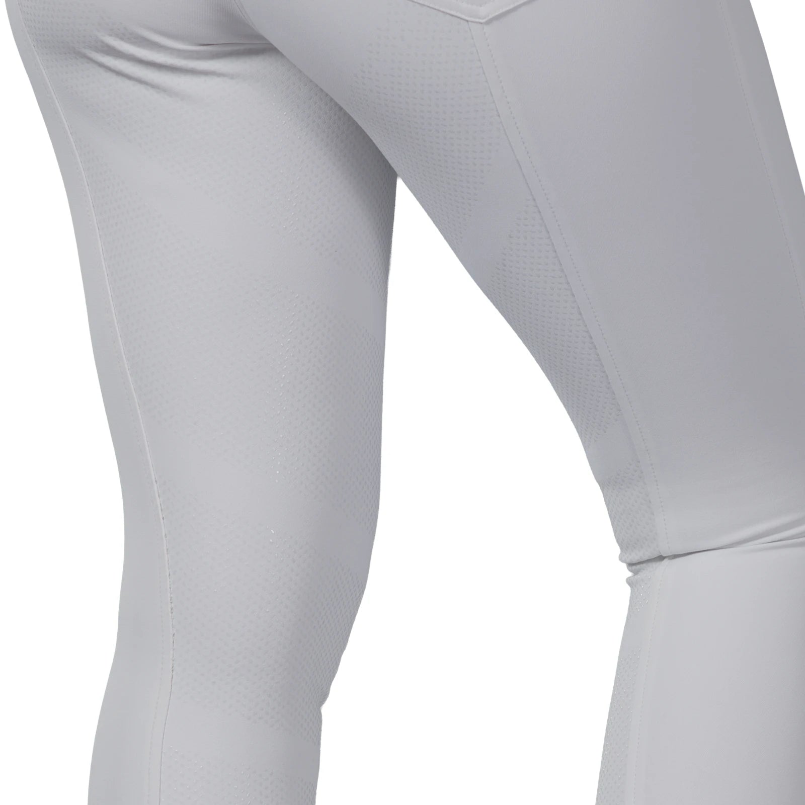 Close-up side view of a model wearing the white B Vertigo Olivia Sillicon Full Seat Breeches on a white background