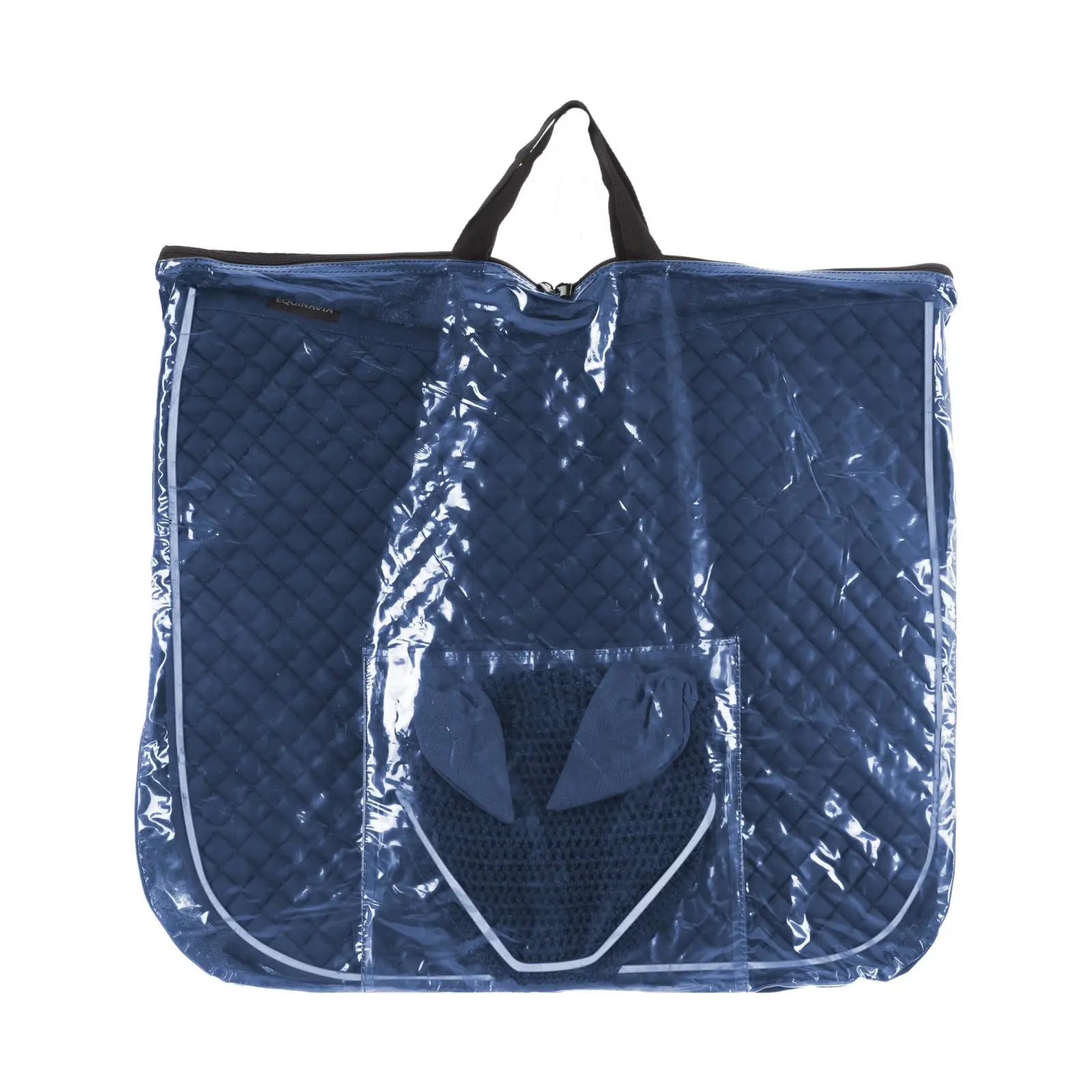Side view of the blue Equinavia Voss Dressage Saddle Pad and Bonnet Set in clear storage bag on a white background