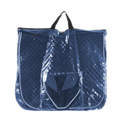 Side view of the blue Equinavia Voss Dressage Saddle Pad and Bonnet Set in clear storage bag on a white background