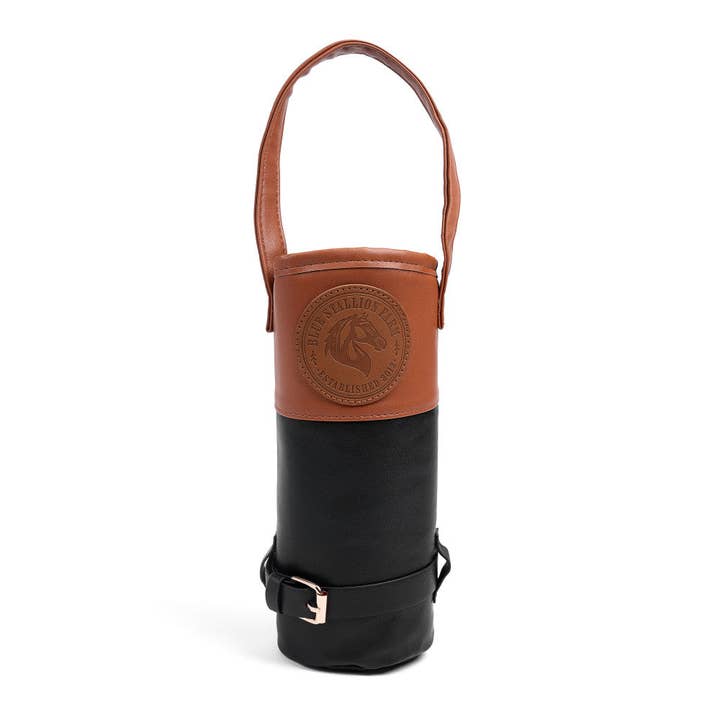 Front view of the Blue Stallion Farm Riding Boot Wine Tote on a white background