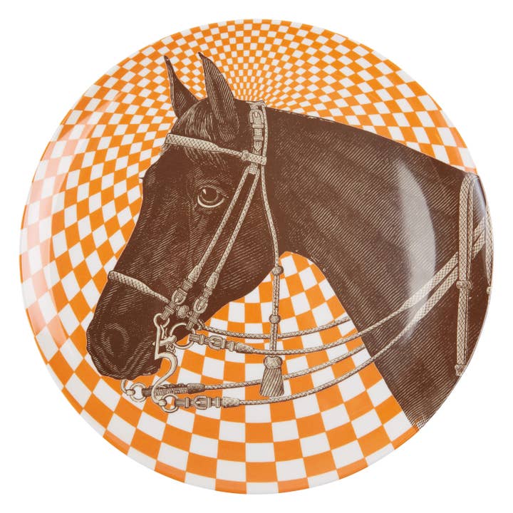 Top view of the orange ThomasPaul Equestrian Melamine Side Plate on a white background