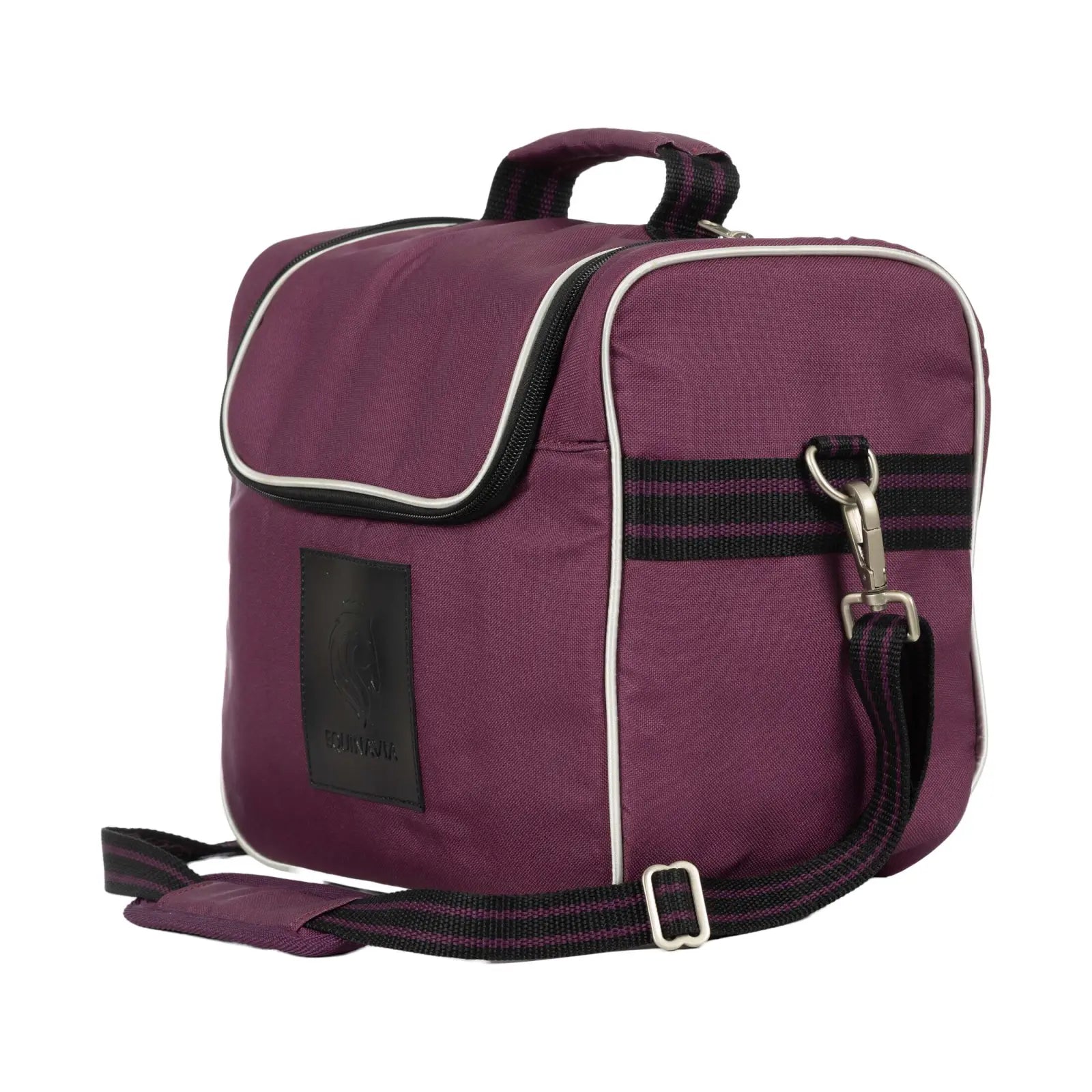 Angled front view of the plum Equinavia Darby Zip Top Grooming Bag on a white background