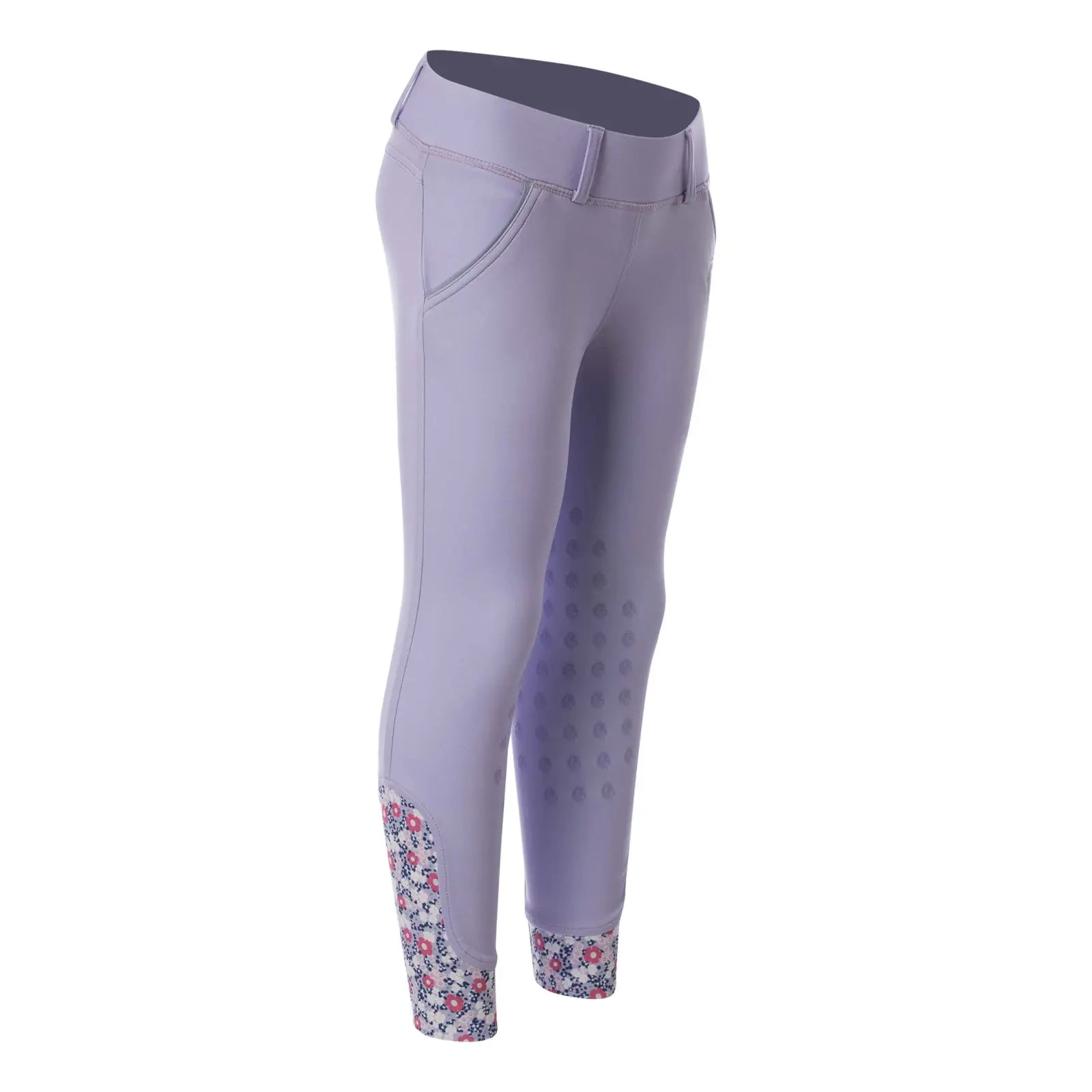 Angled front view of the purple Equinavia Lena Kids Knee Patch Pull On Breeches on a white background
