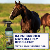 Spray bottle of fly repellent photoshopped over a picture of horses standing in a field