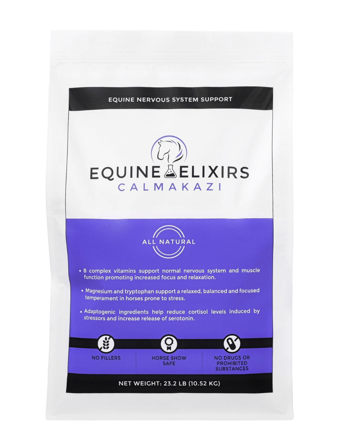 Front view of the large bag of Equine Elixirs Calmakazi on a white background