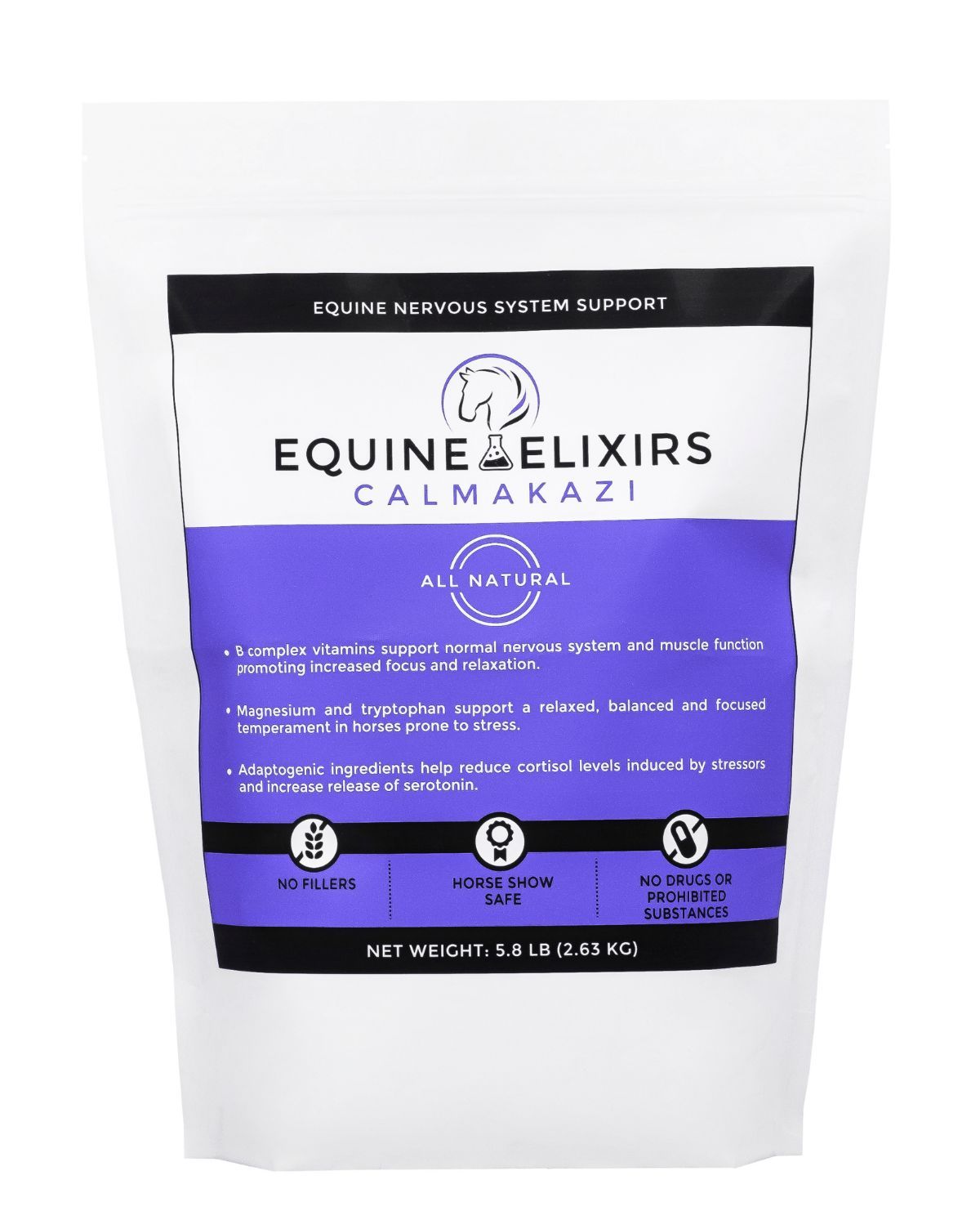 Front view of the small bag of Equine Elixirs Calmakazi on a white background