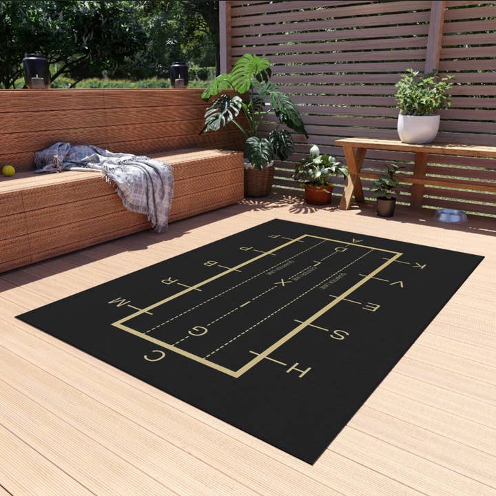Full view of the All Designs Equine Dressage Arena Practice Your Test Outdoor Horse Trainer Rug on an outdoor patio