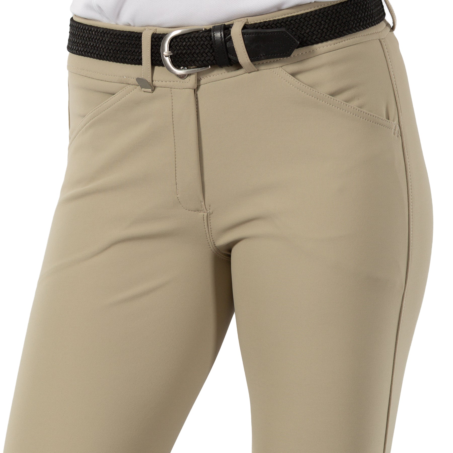 Close-up front view of a model wearing the tan Horze Grand Prix Silicone Knee Patch Breeches on a white background