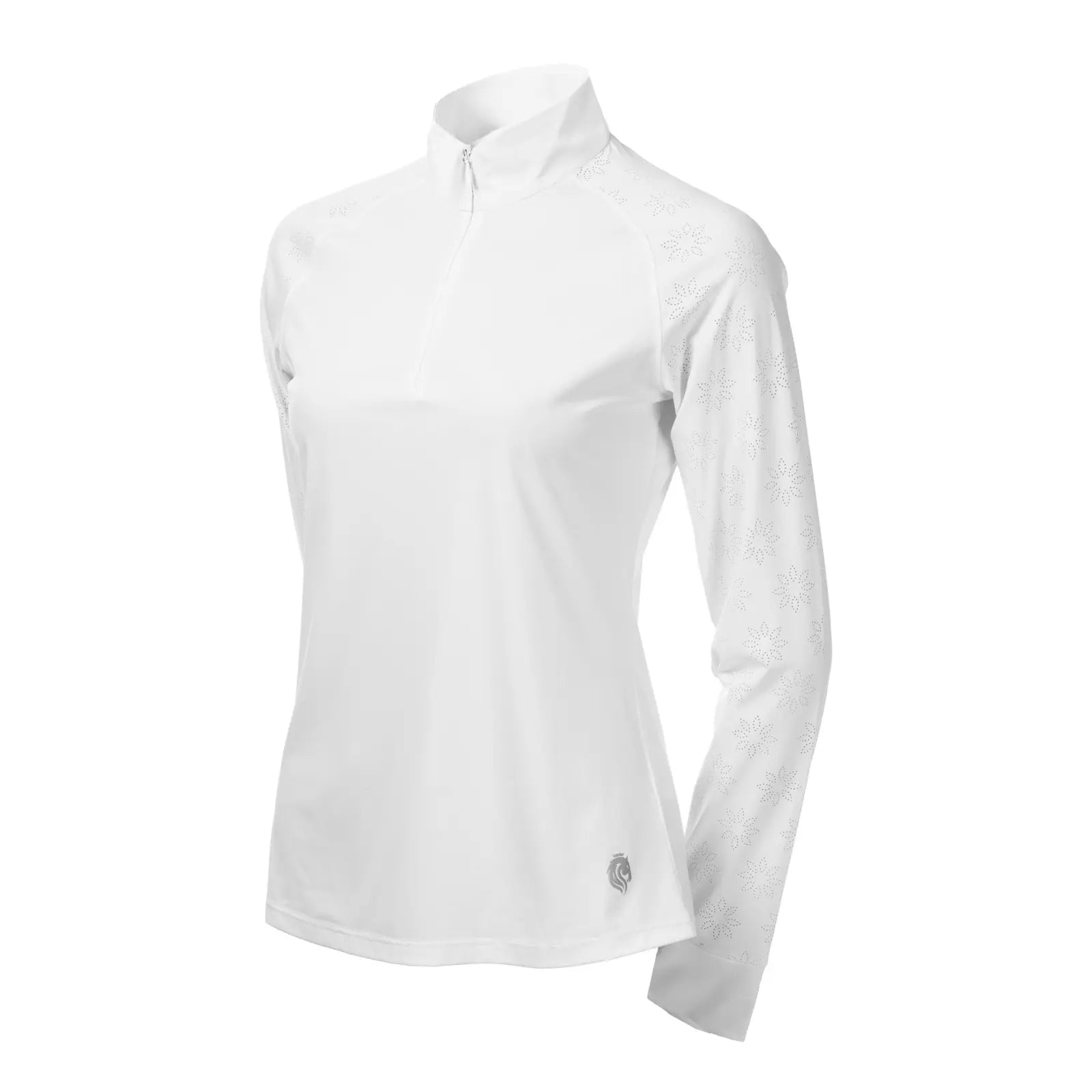 Angled front view of the Equinavia Petra Long Sleeved Show Shirt in White