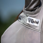Close-up view of the Cashel logo on the gray Cashel Crusader Fly Mask with Long Nose and Ears