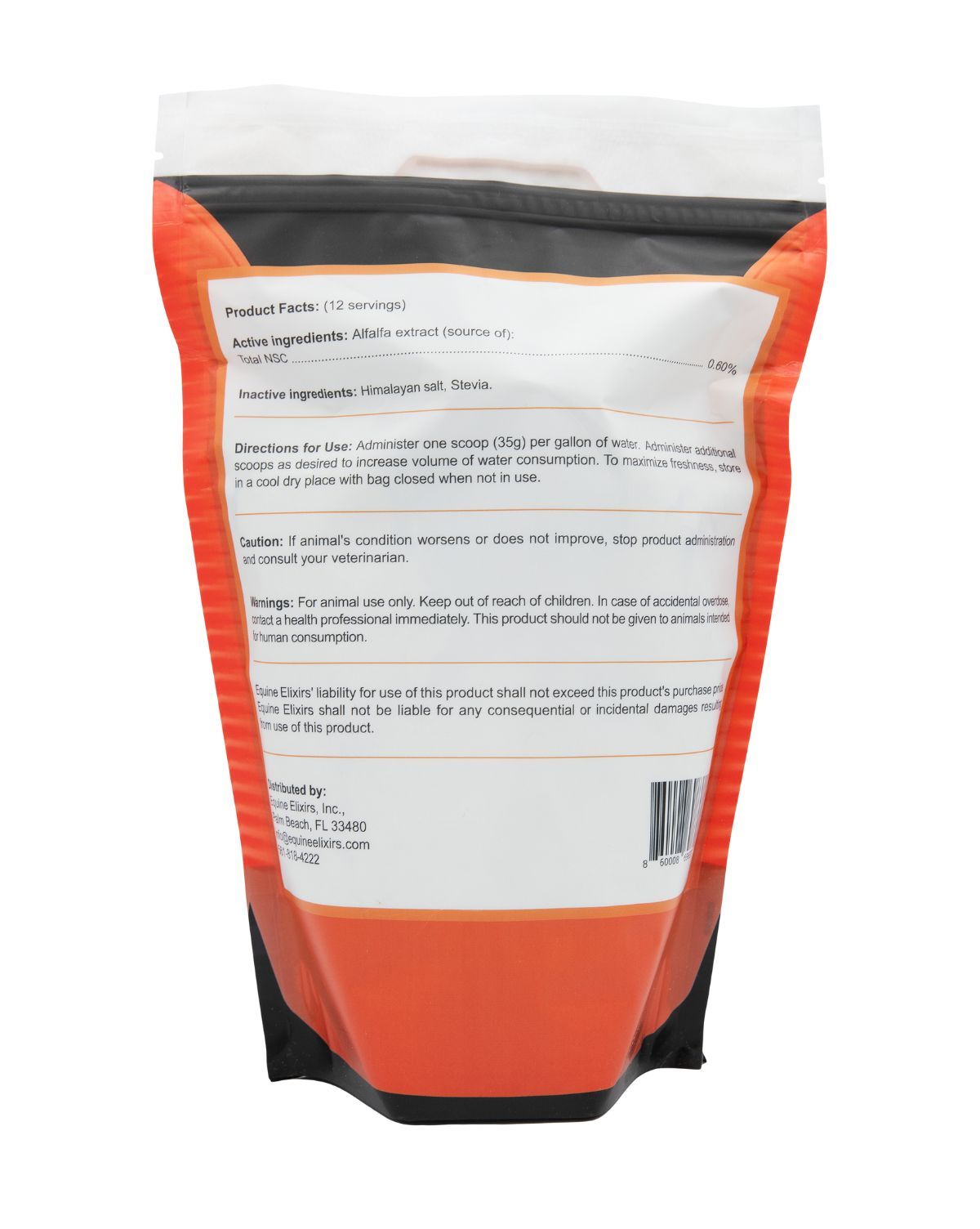 Back view of the small bag of Equine Elixers Chug on a white background