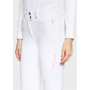 Close-up angled front view of a female model wearing the white Samshield Clara Premium Full Grip Breeches