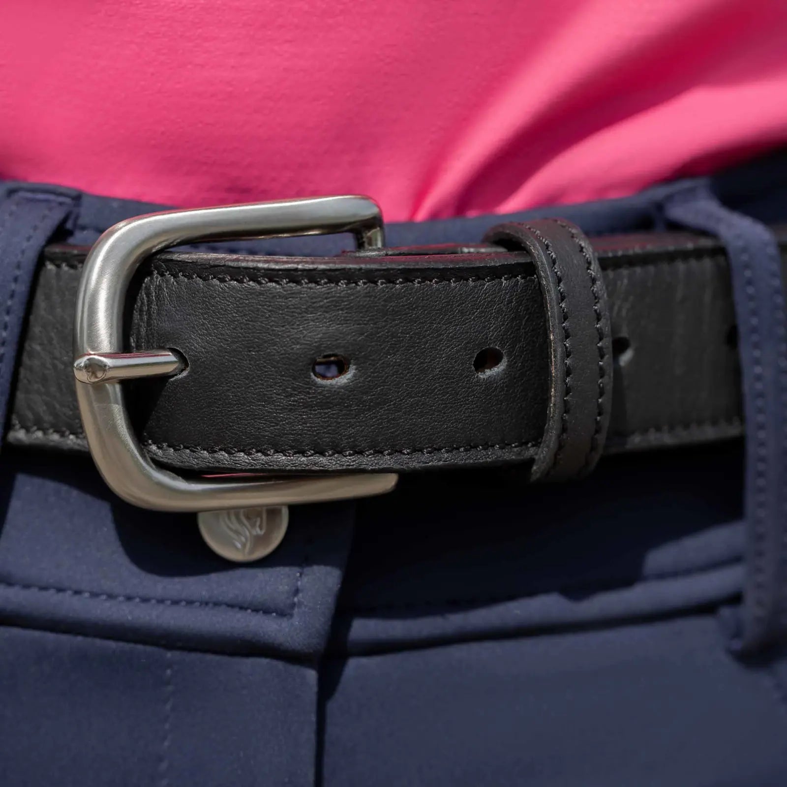 View of a black leather Equinavia Estelle Hand Beaded Belt on a navy pair of breeches
