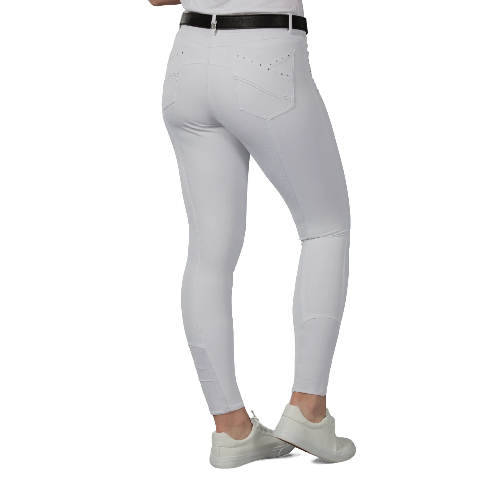 Back view of a model wearing the white B Vertigo Olivia Sillicon Full Seat Breeches on a white background