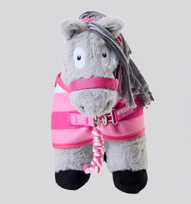 Front view of a gray stuffed pony wearing the pink Newmarket Fleece Cooler with matching pink halter and lead rope